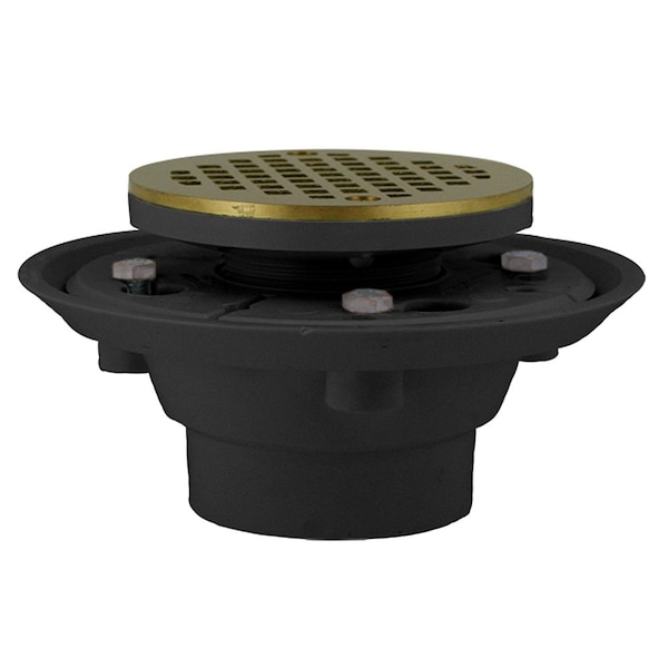 Jones Stephens 2in. x 3in. PVC Shower Drain with 2in. PVC Spud and 4in. Round Polished Brass Cast Strainer D50132 - main